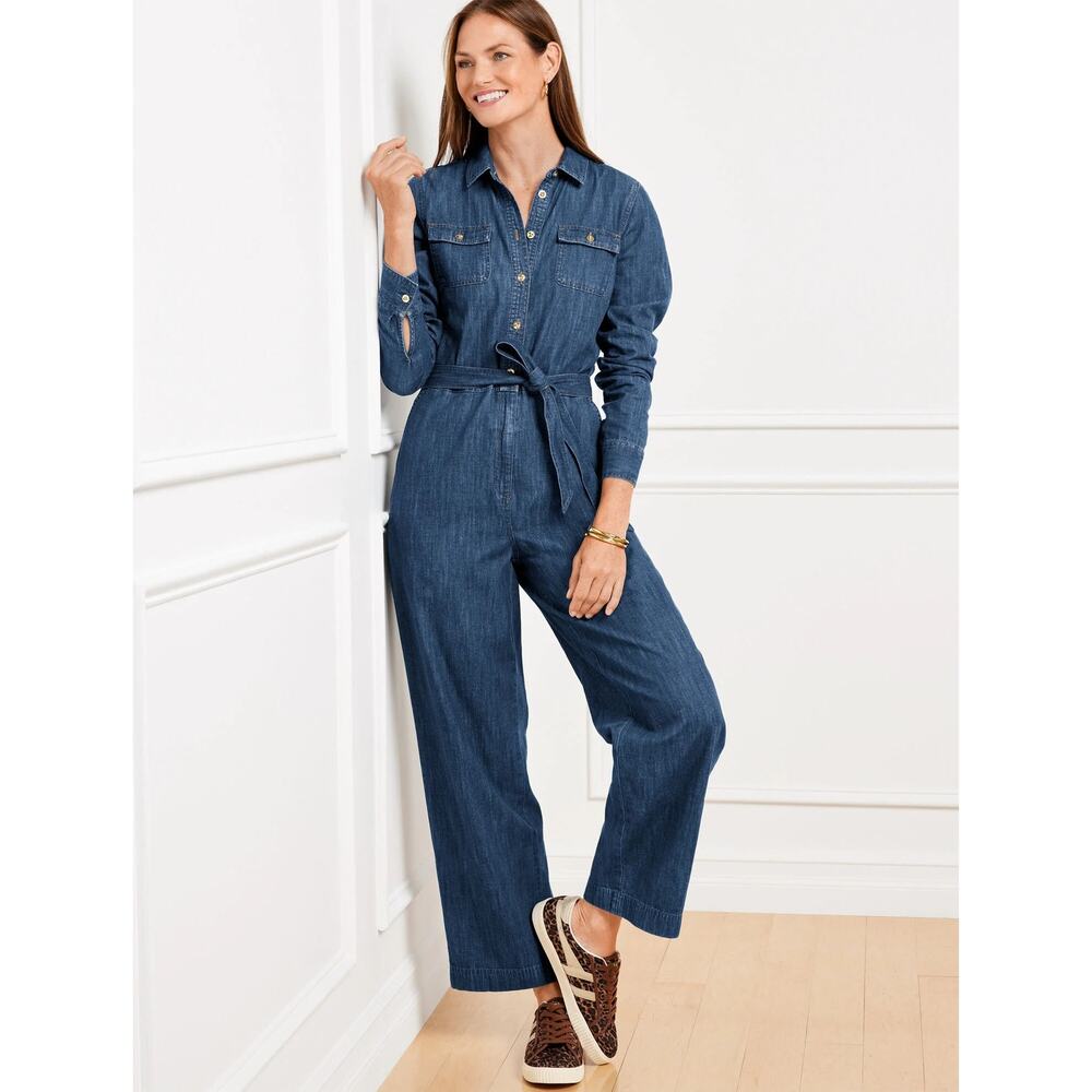 [Talbots] Blue Denim Moonlight Wash Utility Jumpsuit Long Sleeves Cotton Size XS